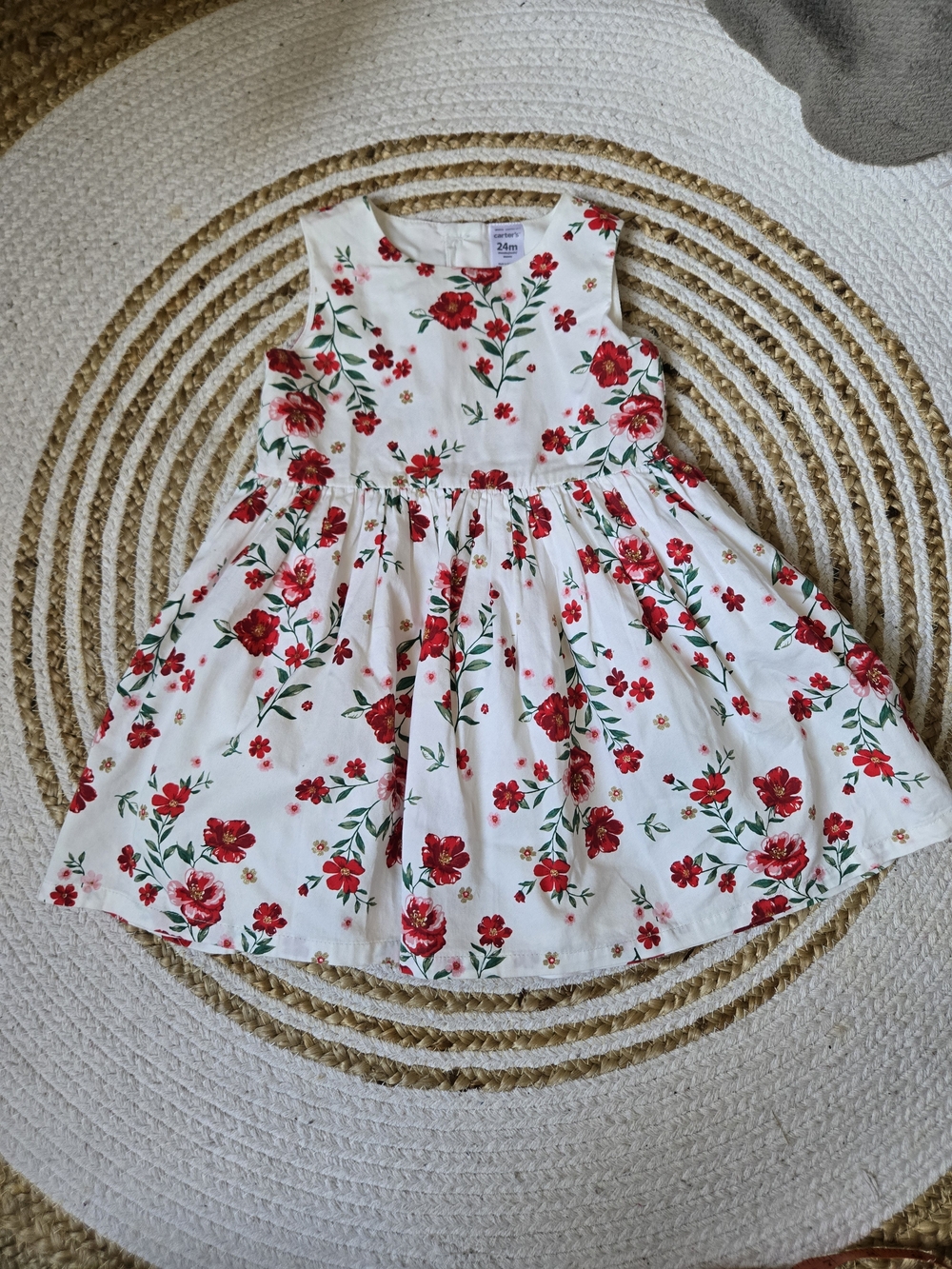 Carter's White Dress with Red Floral Print and Green Leaves